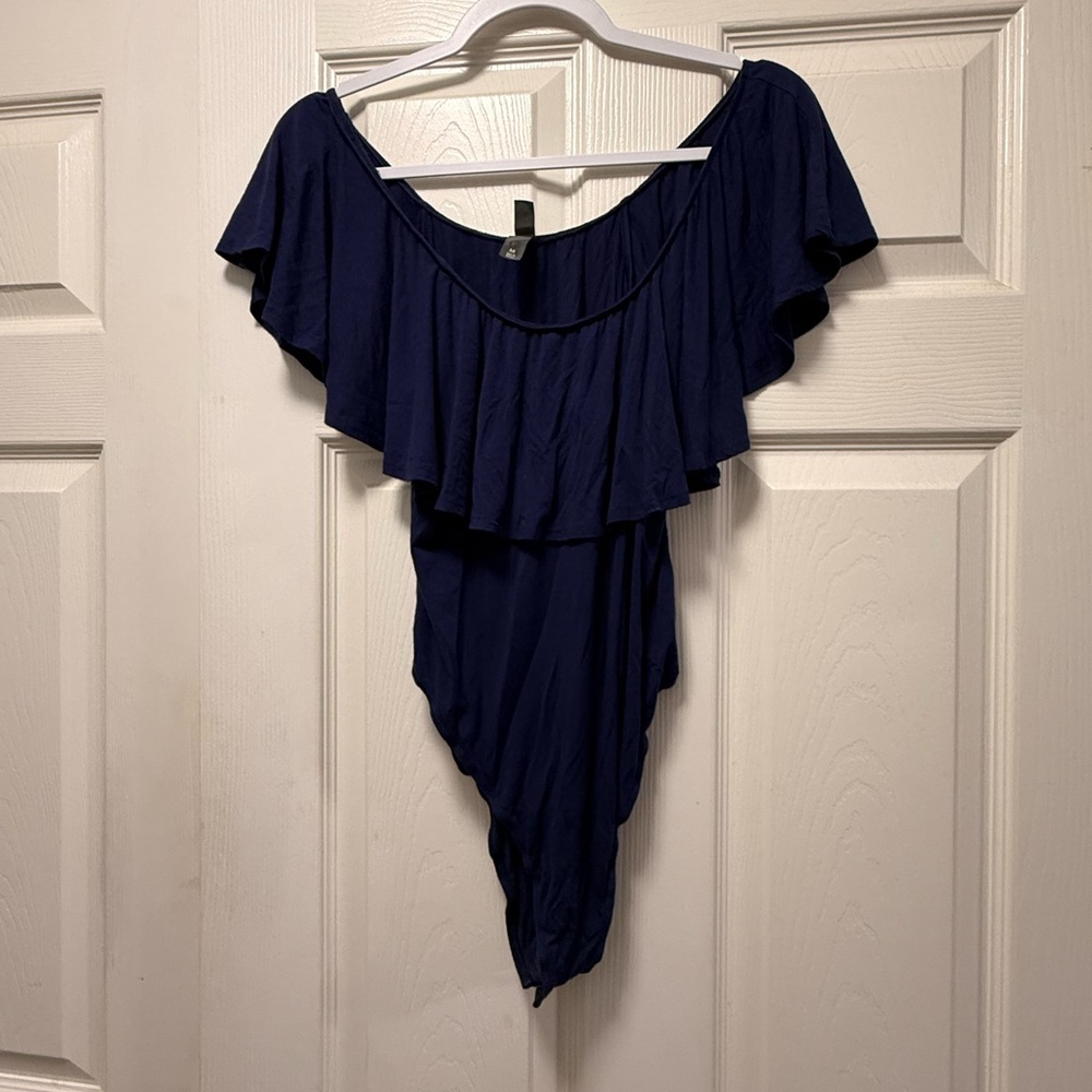 Navy Blue Off-Shoulder Ruffle Bodysuit - Picture 2 of 3